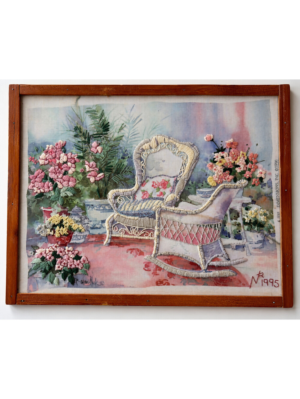 Finished Dimensions 1381 White Wicker Chairs Crewel Needlework Framed Floral Art